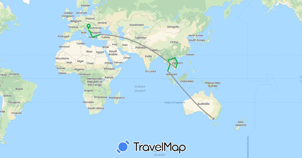 TravelMap itinerary: driving, bus, plane in Albania, Australia, Bosnia and Herzegovina, Greece, Montenegro, Thailand, Turkey, Vietnam (Asia, Europe, Oceania)